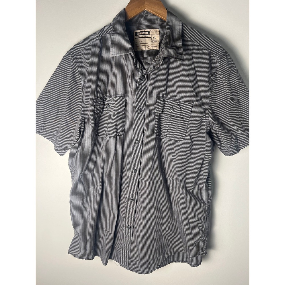 Machine Button Down Shirt XL Grey Striped Short Sleeve Military Style Utility